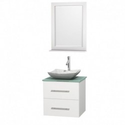 24 inch Single Bathroom Vanity in Matte White, Green Glass Countertop, Avalon White Carrera Marble Sink, and 24 inch Mirror