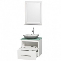 24 inch Single Bathroom Vanity in Matte White, Green Glass Countertop, Avalon White Carrera Marble Sink, and 24 inch Mirror