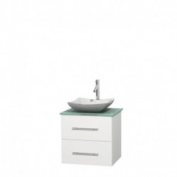 24 inch Single Bathroom Vanity in Matte White, Green Glass Countertop, Avalon White Carrera Marble Sink, and No Mirror