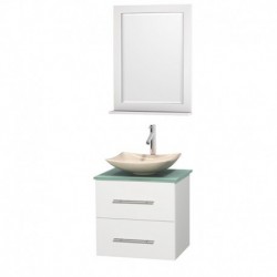 24 inch Single Bathroom Vanity in Matte White, Green Glass Countertop, Arista Ivory Marble Sink, and 24 inch Mirror