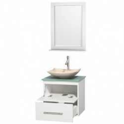 24 inch Single Bathroom Vanity in Matte White, Green Glass Countertop, Arista Ivory Marble Sink, and 24 inch Mirror