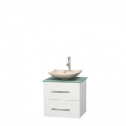 24 inch Single Bathroom Vanity in Matte White, Green Glass Countertop, Arista Ivory Marble Sink, and No Mirror