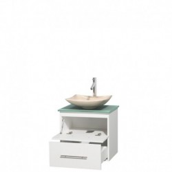 24 inch Single Bathroom Vanity in Matte White, Green Glass Countertop, Arista Ivory Marble Sink, and No Mirror