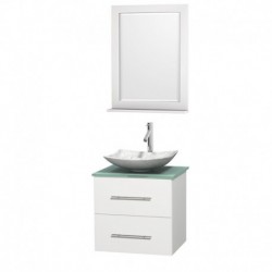24 inch Single Bathroom Vanity in Matte White, Green Glass Countertop, Arista White Carrera Marble Sink, and 24 inch Mirror