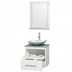 24 inch Single Bathroom Vanity in Matte White, Green Glass Countertop, Arista White Carrera Marble Sink, and 24 inch Mirror