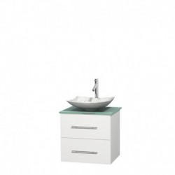 24 inch Single Bathroom Vanity in Matte White, Green Glass Countertop, Arista White Carrera Marble Sink, and No Mirror