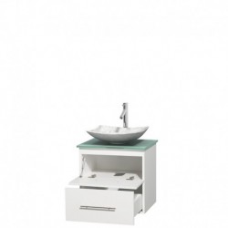 24 inch Single Bathroom Vanity in Matte White, Green Glass Countertop, Arista White Carrera Marble Sink, and No Mirror