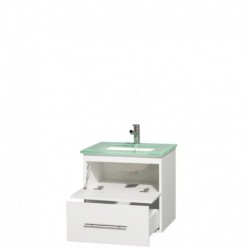 24 inch Single Bathroom Vanity in Matte White, Green Glass Countertop, Undermount Square Sink, and No Mirror