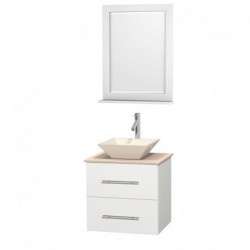 24 inch Single Bathroom Vanity in Matte White, Ivory Marble Countertop, Pyra Bone Porcelain Sink, and 24 inch Mirror