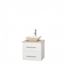 24 inch Single Bathroom Vanity in Matte White, Ivory Marble Countertop, Pyra Bone Porcelain Sink, and No Mirror
