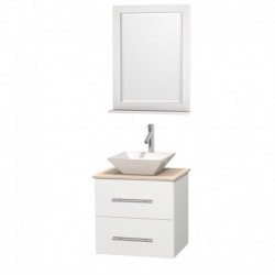 24 inch Single Bathroom Vanity in Matte White, Ivory Marble Countertop, Pyra White Porcelain Sink, and 24 inch Mirror