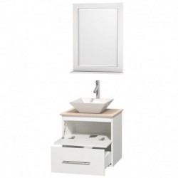 24 inch Single Bathroom Vanity in Matte White, Ivory Marble Countertop, Pyra White Porcelain Sink, and 24 inch Mirror