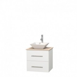 24 inch Single Bathroom Vanity in Matte White, Ivory Marble Countertop, Pyra White Porcelain Sink, and No Mirror