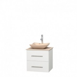 24 inch Single Bathroom Vanity in Matte White, Ivory Marble Countertop, Avalon Ivory Marble Sink, and No Mirror