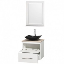 24 inch Single Bathroom Vanity in Matte White, Ivory Marble Countertop, Arista Black Granite Sink, and 24 inch Mirror