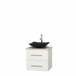 24 inch Single Bathroom Vanity in Matte White, Ivory Marble Countertop, Arista Black Granite Sink, and No Mirror