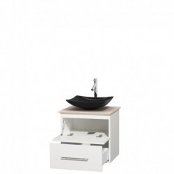24 inch Single Bathroom Vanity in Matte White, Ivory Marble Countertop, Arista Black Granite Sink, and No Mirror