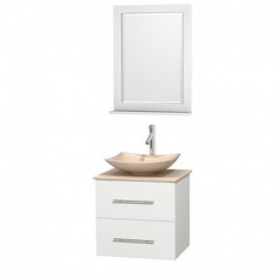 24 inch Single Bathroom Vanity in Matte White, Ivory Marble Countertop, Arista Ivory Marble Sink, and 24 inch Mirror