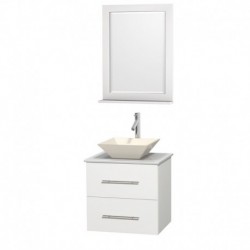24 inch Single Bathroom Vanity in Matte White, White Man-Made Stone Countertop, Pyra Bone Porcelain Sink, and 24 inch Mirror