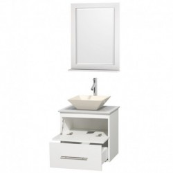 24 inch Single Bathroom Vanity in Matte White, White Man-Made Stone Countertop, Pyra Bone Porcelain Sink, and 24 inch Mirror