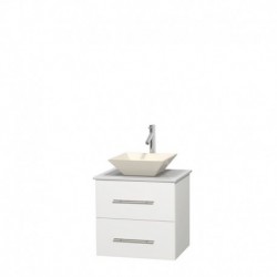 24 inch Single Bathroom Vanity in Matte White, White Man-Made Stone Countertop, Pyra Bone Porcelain Sink, and No Mirror