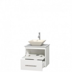 24 inch Single Bathroom Vanity in Matte White, White Man-Made Stone Countertop, Pyra Bone Porcelain Sink, and No Mirror