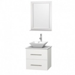 24 inch Single Bathroom Vanity in Matte White, White Man-Made Stone Countertop, Pyra White Porcelain Sink, and 24 inch Mirror