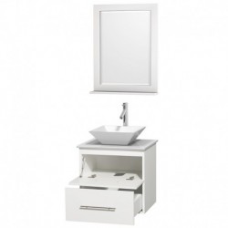 24 inch Single Bathroom Vanity in Matte White, White Man-Made Stone Countertop, Pyra White Porcelain Sink, and 24 inch Mirror