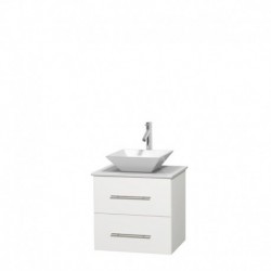 24 inch Single Bathroom Vanity in Matte White, White Man-Made Stone Countertop, Pyra White Porcelain Sink, and No Mirror