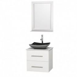 24 inch Single Bathroom Vanity in Matte White, White Man-Made Stone Countertop, Altair Black Granite Sink, and 24 inch Mirror
