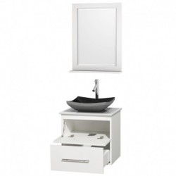 24 inch Single Bathroom Vanity in Matte White, White Man-Made Stone Countertop, Altair Black Granite Sink, and 24 inch Mirror