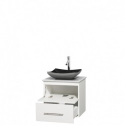 24 inch Single Bathroom Vanity in Matte White, White Man-Made Stone Countertop, Altair Black Granite Sink, and No Mirror