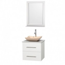 24 inch Single Bathroom Vanity in Matte White, White Man-Made Stone Countertop, Avalon Ivory Marble Sink, and 24 inch Mirror