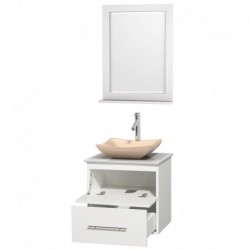 24 inch Single Bathroom Vanity in Matte White, White Man-Made Stone Countertop, Avalon Ivory Marble Sink, and 24 inch Mirror