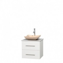 24 inch Single Bathroom Vanity in Matte White, White Man-Made Stone Countertop, Avalon Ivory Marble Sink, and No Mirror