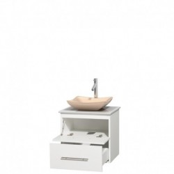 24 inch Single Bathroom Vanity in Matte White, White Man-Made Stone Countertop, Avalon Ivory Marble Sink, and No Mirror