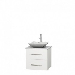 24 inch Single Bathroom Vanity in Matte White, White Man-Made Stone Countertop, Avalon White Carrera Marble Sink, and No Mirror