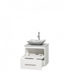 24 inch Single Bathroom Vanity in Matte White, White Man-Made Stone Countertop, Avalon White Carrera Marble Sink, and No Mirror