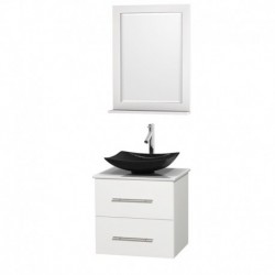 24 inch Single Bathroom Vanity in Matte White, White Man-Made Stone Countertop, Arista Black Granite Sink, and 24 inch Mirror