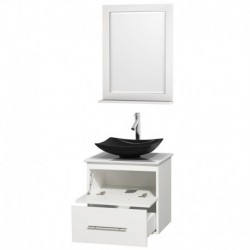 24 inch Single Bathroom Vanity in Matte White, White Man-Made Stone Countertop, Arista Black Granite Sink, and 24 inch Mirror