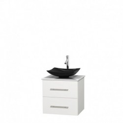 24 inch Single Bathroom Vanity in Matte White, White Man-Made Stone Countertop, Arista Black Granite Sink, and No Mirror
