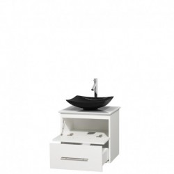 24 inch Single Bathroom Vanity in Matte White, White Man-Made Stone Countertop, Arista Black Granite Sink, and No Mirror