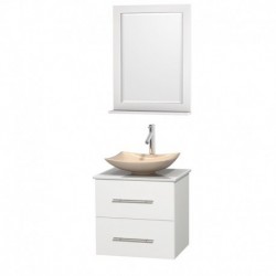 24 inch Single Bathroom Vanity in Matte White, White Man-Made Stone Countertop, Arista Ivory Marble Sink, and 24 inch Mirror