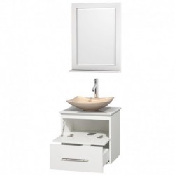 24 inch Single Bathroom Vanity in Matte White, White Man-Made Stone Countertop, Arista Ivory Marble Sink, and 24 inch Mirror