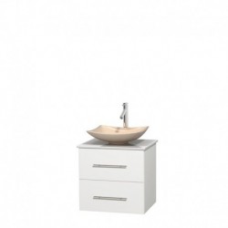 24 inch Single Bathroom Vanity in Matte White, White Man-Made Stone Countertop, Arista Ivory Marble Sink, and No Mirror