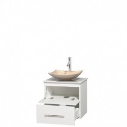 24 inch Single Bathroom Vanity in Matte White, White Man-Made Stone Countertop, Arista Ivory Marble Sink, and No Mirror