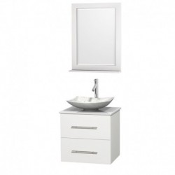 24 inch Single Bathroom Vanity in Matte White, White Man-Made Stone Countertop, Arista White Carrera Marble Sink, and 24 inch M
