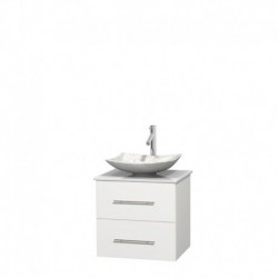 24 inch Single Bathroom Vanity in Matte White, White Man-Made Stone Countertop, Arista White Carrera Marble Sink, and No Mirror