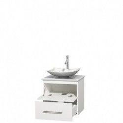 24 inch Single Bathroom Vanity in Matte White, White Man-Made Stone Countertop, Arista White Carrera Marble Sink, and No Mirror