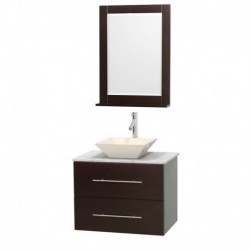 30 inch Single Bathroom Vanity in Espresso, White Carrera Marble Countertop, Pyra Bone Porcelain Sink, and 24 inch Mirror